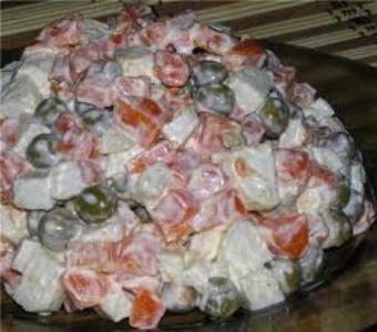 Классический зимний салат оливье с колбасой и яблоком рецепт с фото пошагово